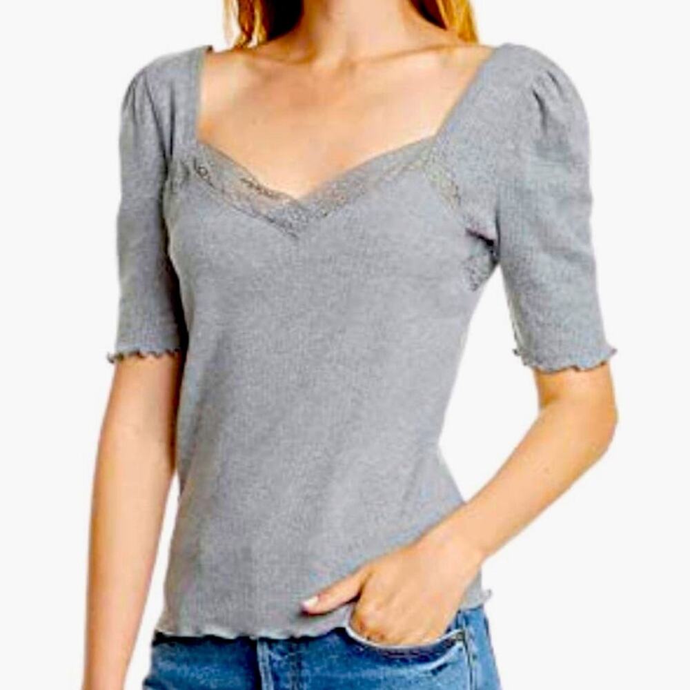 Free People Womens Margaux Charcoal Gray Ribbed Stretchy Pullover Top Size Small